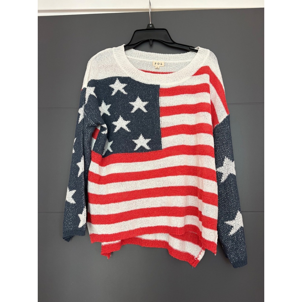 POL Womens American Flag Knit Sweater Stars and Stripes Red White Blue BST40A S